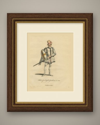 English Gentleman in 1588 with Shield and Sword, Jefferys Costume Print, 1757, shown framed