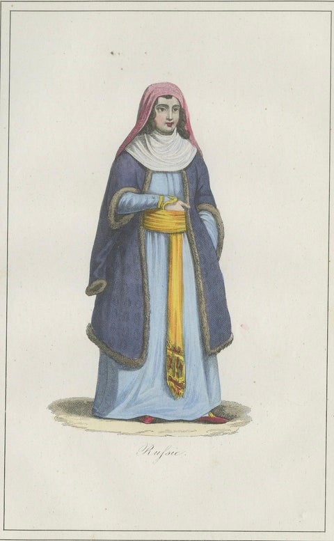 Russian Woman Costume Print, Antique Hand-Colored Lithograph, 1854, close-up 1