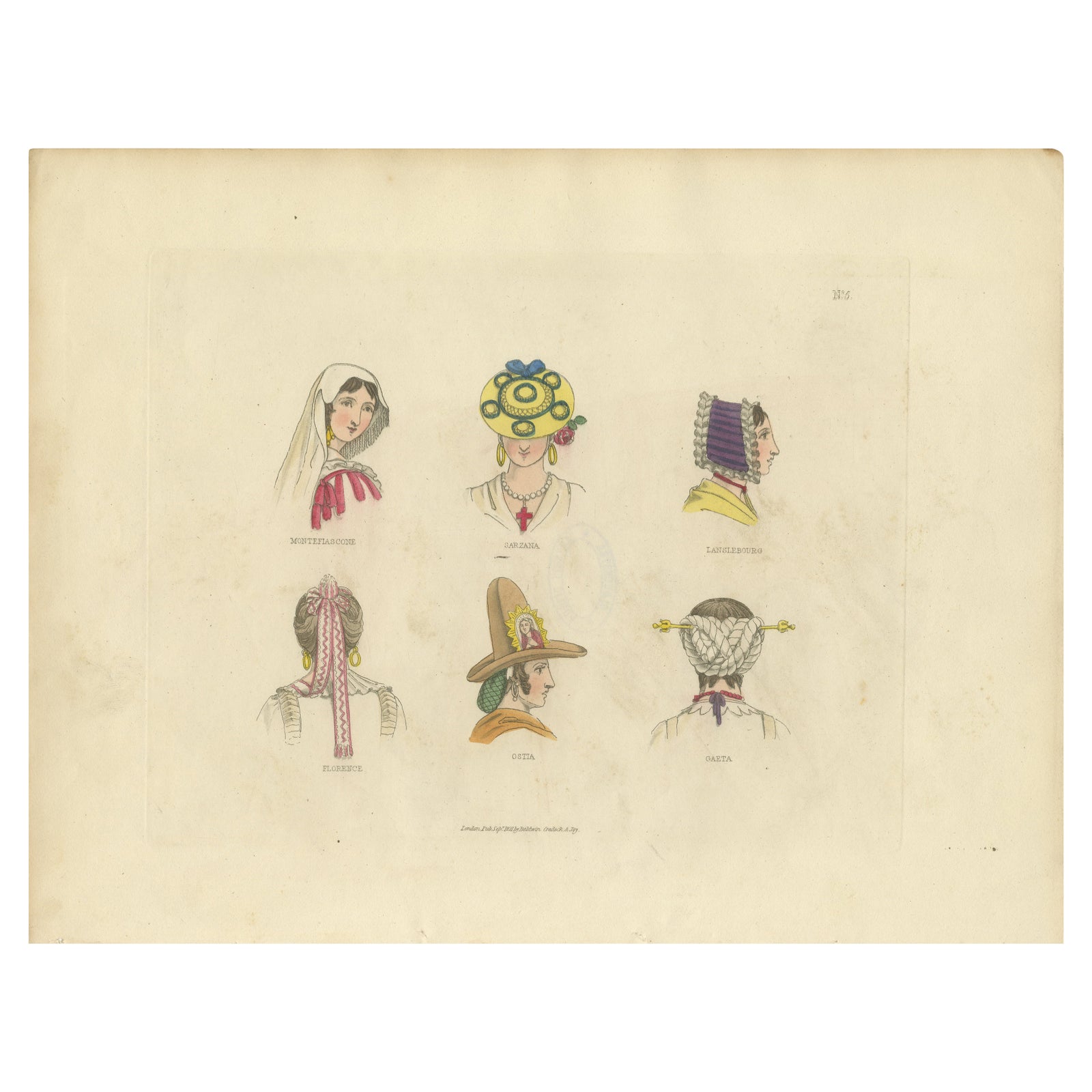 Traditional Headdresses from Italy and France: Florence, Ostia, Castà, 1823