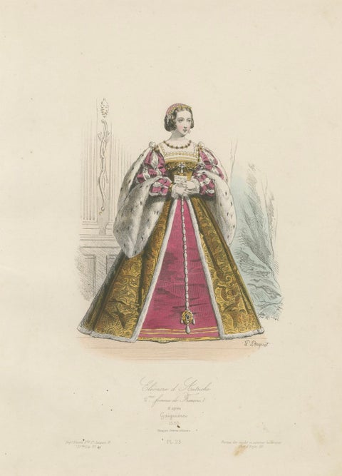 Antique French Costume Print of Eleonore di Austria, Renaissance Fashion, c.1860, close-up 4