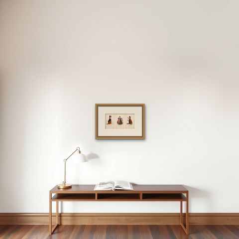 Set of Three Antique Italian Women Folk Costume Engravings, circa 1850, shown framed on a wall