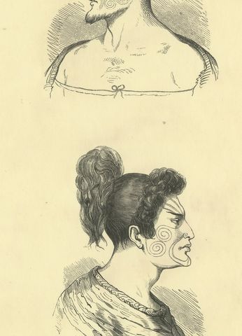 Types of the Natives of New Zealand, Antique Wahlen Costume Print, 1843-1844, close-up 1