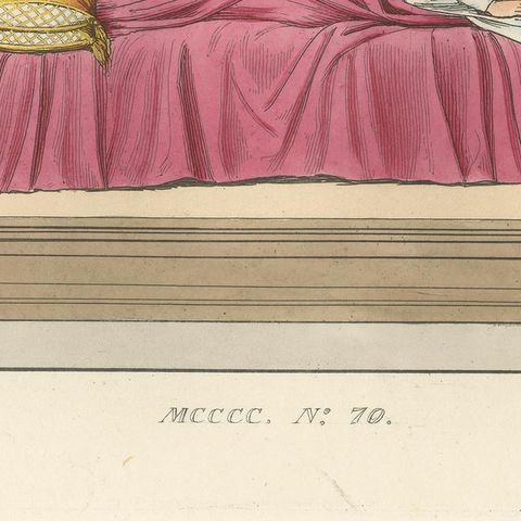 Italian Noblewoman Reclining in Bed, Renaissance Interior Scene, Published 1845, close-up 6