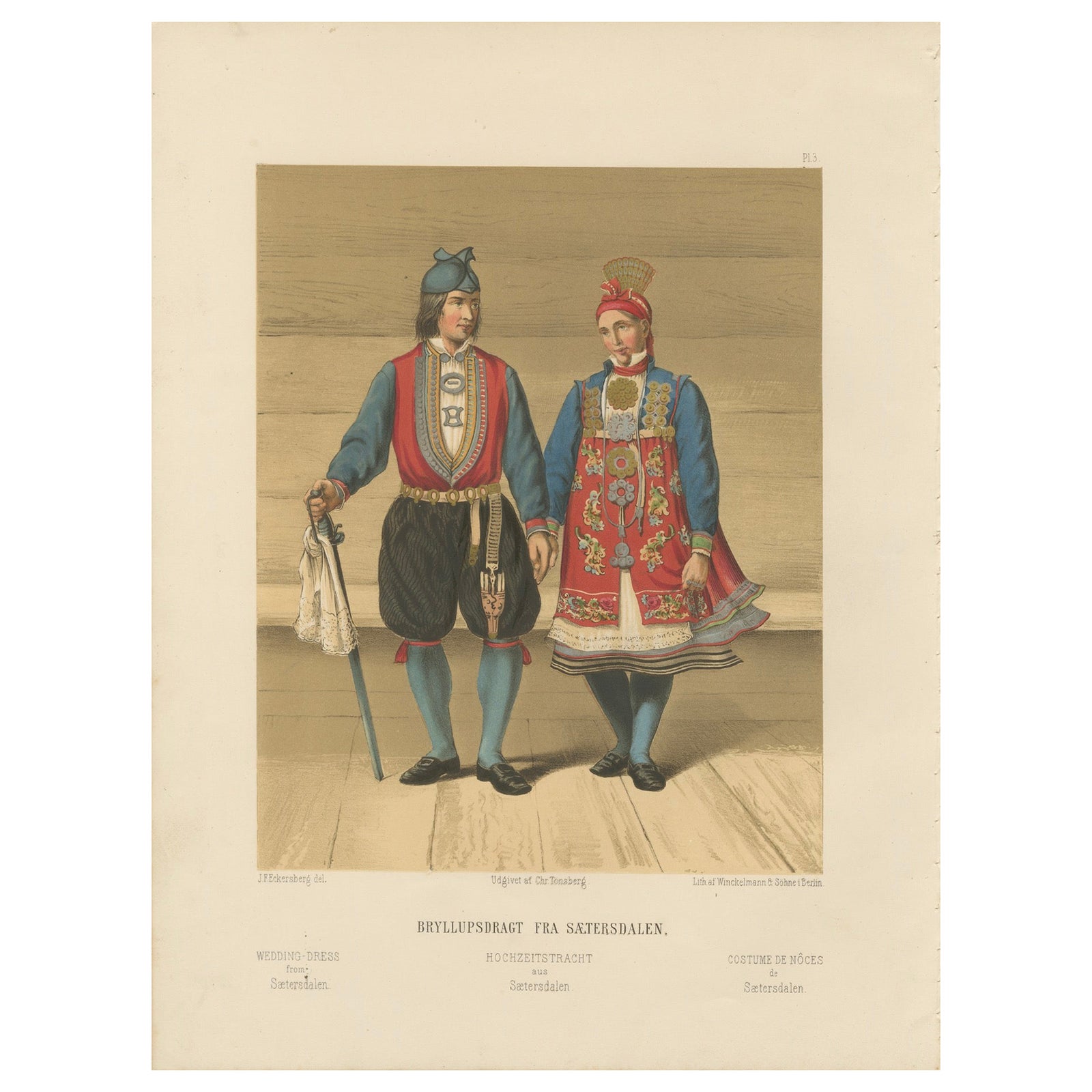 Norwegian Bridal Attire, Saetersdalen Couple in Wedding Dress, 19th Century