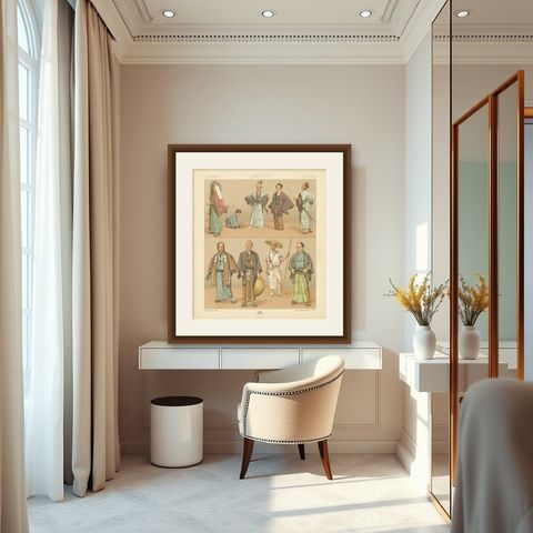 Pl. 64 Antique Print of Japanese Costumes by Racinet, 'circa 1880', shown framed in a room