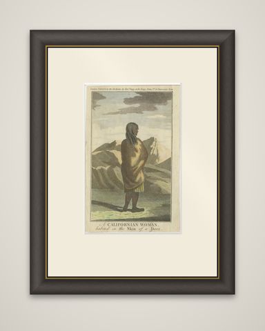 Californian Woman in Deerskin Dress, Indigenous Portrait, Engraving 1780, shown framed