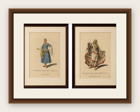 Barbary Ladies in Morning and Ceremonial Dress in 1700, Costume Engravings, 1749, shown framed