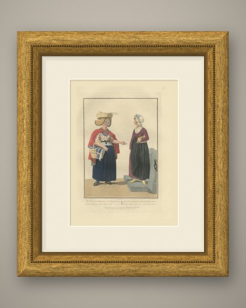 Shrimp Seller and Customer, Dutch Costume Print, Maaskamp, 1811, shown framed