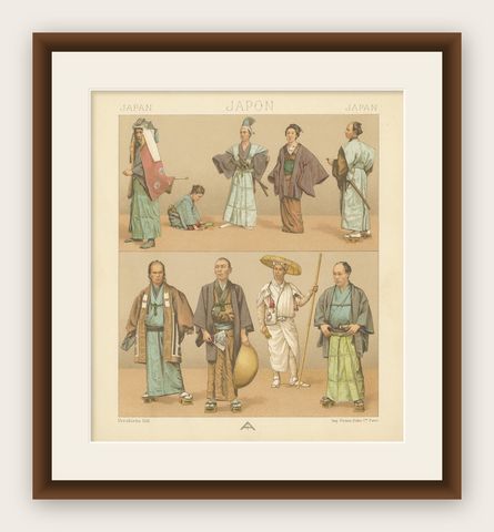 Pl. 64 Antique Print of Japanese Costumes by Racinet, 'circa 1880', shown framed