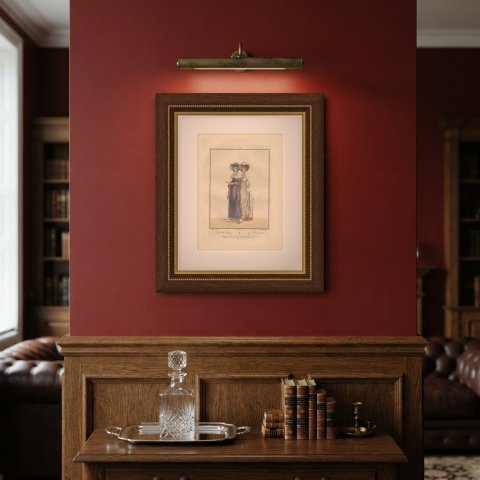The Promenade, Two Young Women, Dutch Costume Print, 1811, shown framed on a wall