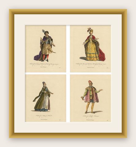 Polish Royal & Noble Costume Engravings, Hand-Colored Set of 4, 1749, shown framed