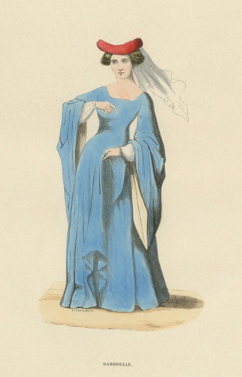 Noble Damsel of the Middle Ages in Traditional Blue Gown and Headdress, 1847, close-up 3