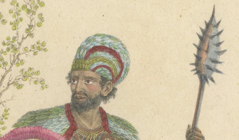 Tribal Tattoos & Warrior Costume, Brodtmann Hand-Colored Lithograph, 1816, close-up 5