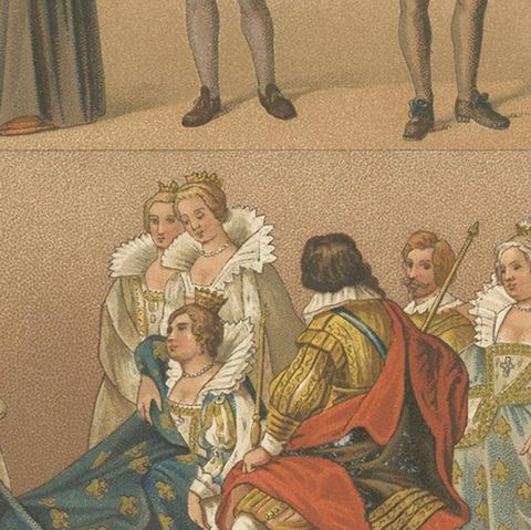 Pl. 84 Antique Print of French XVI-XVIIth Century Costumes by Racinet circa 1880, close-up 2