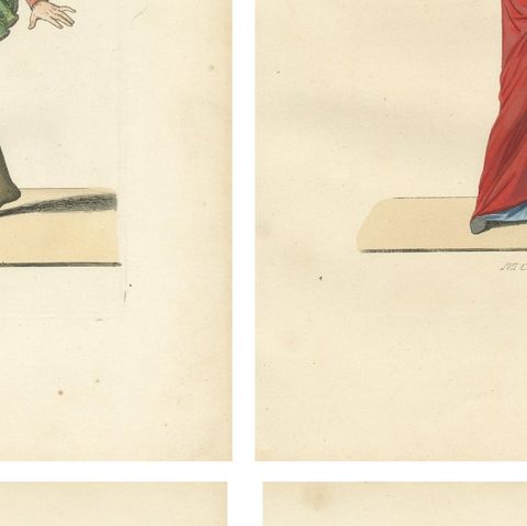 Set of Four Medieval Costume Figures, Hand-Colored Engravings, France 1845, close-up 2