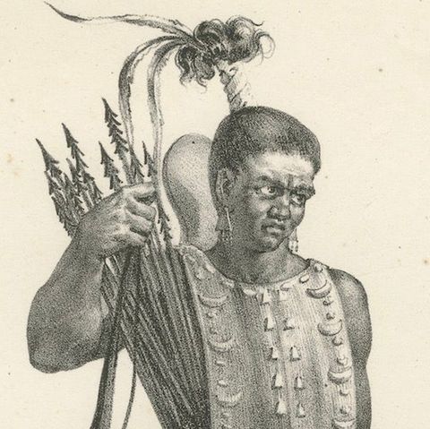 Warrior of Owhyhee (Hawaii) - Anthropophage in War Costume, 1785 Engraving, close-up 6