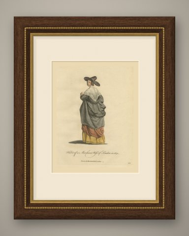 Merchant's Wife of London in 1640, Back View, Jefferys Costume Print, 1757, shown framed