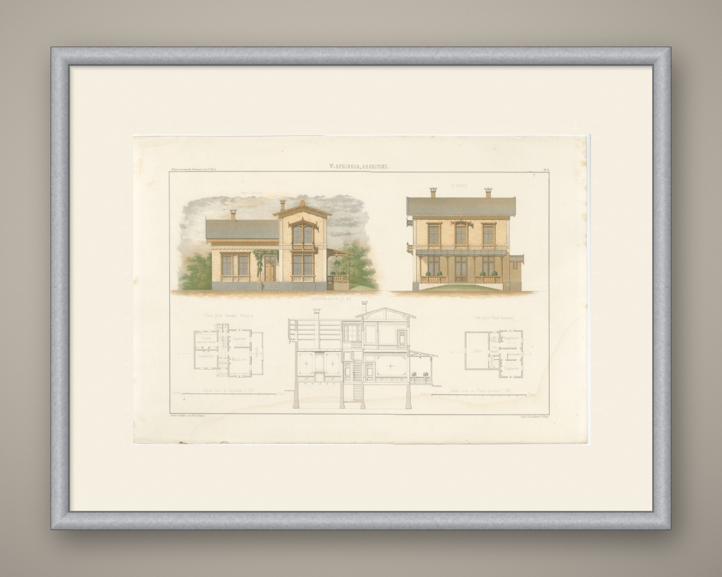 Swiss Chalet Villa by Springer, Dutch Architecture Print, Leliman, 1865-1866, shown framed