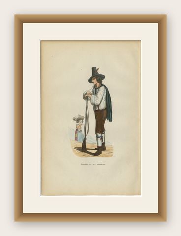 Tyrolean Hunter from the Ziller Valley - Antique Costume Lithograph, c.1852, shown framed