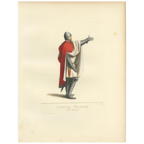 Antique Print of a 14th Century Italian Military Costume by Bonnard, 1860
