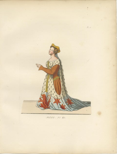 Heraldic Costumes c.1400, Antique 1845 Prints of Knight and Lady, Hand-Coloured, view 3
