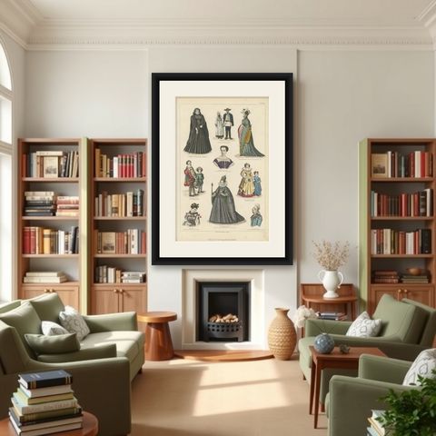 Antique Costume Print Including Costumes of France and Others, shown framed in a room