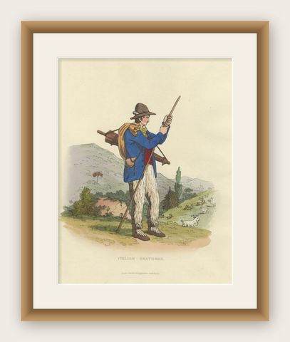 Costume Print: Italian Goatherd in the Hills, 1820s Hand-Colored Engraving, shown framed