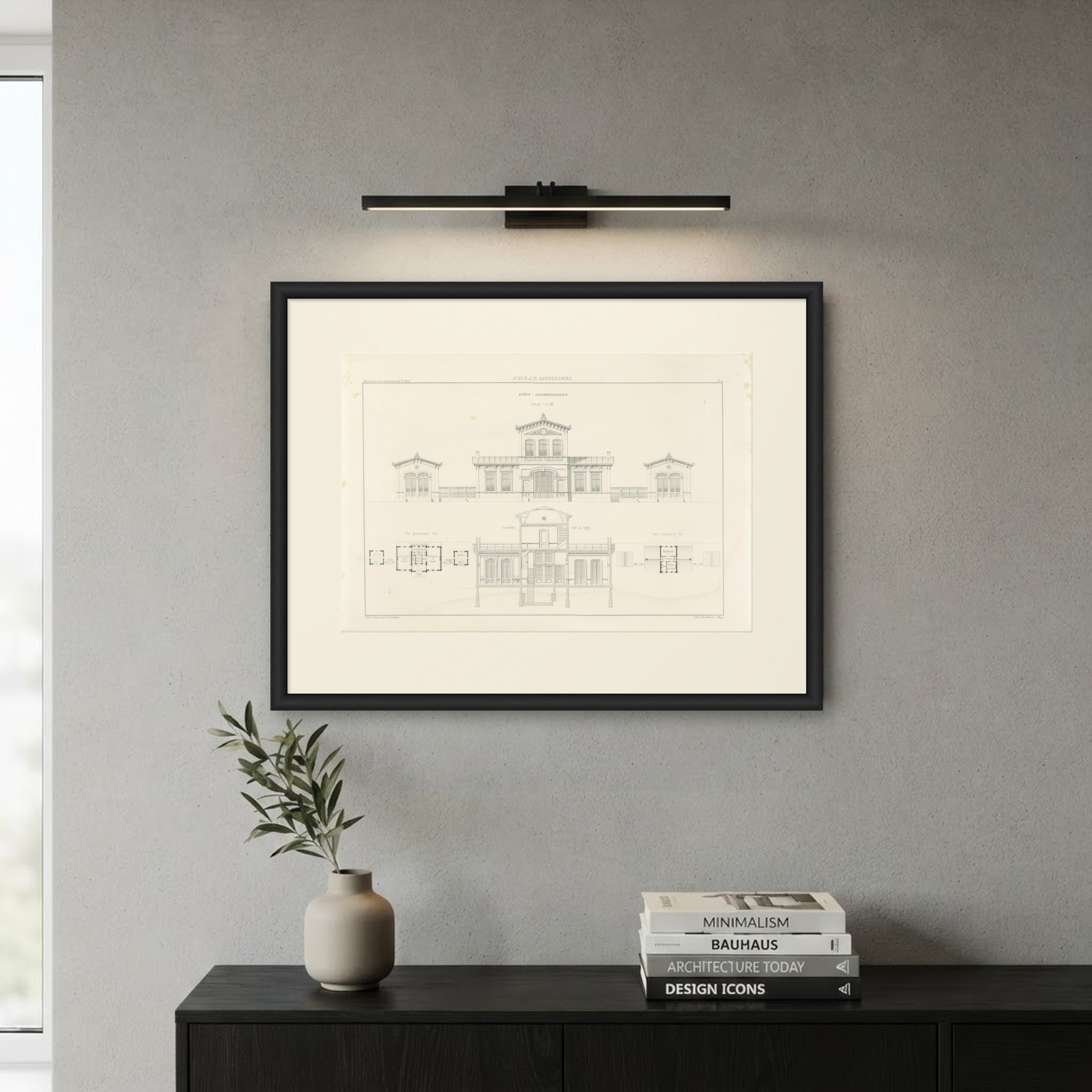 Village Railway Station, Waarden, Dutch Architecture Print, Leliman, 1865-1866, shown framed on a wall