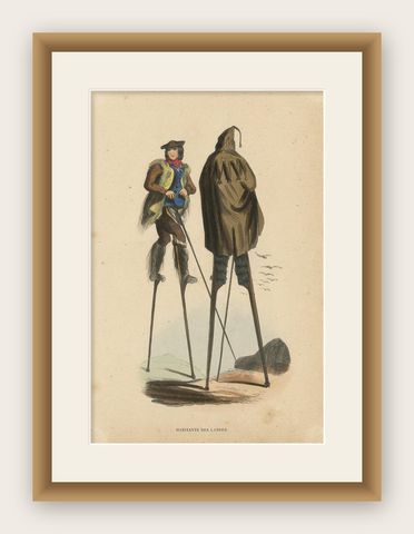 Antique Costume Print of Inhabitants of Landes by Wahlen, 1843, shown framed