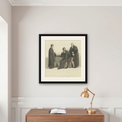 Academic Costumes; a Pensioner of Trinity Hall, a Doctor of Physics & Law, 1815, shown framed on a wall