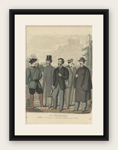 Old Fashion Print of Various Men Illustrating the Fashion Trends of May, 1862, shown framed
