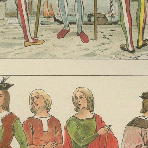 Italy circa 1500, Antique Hand-Colored Renaissance Costume Print, Published 1880, close-up 6