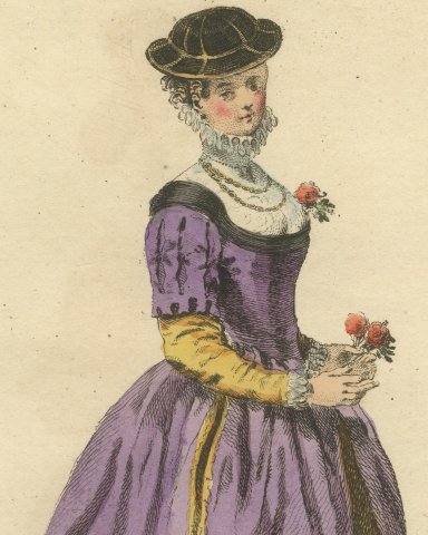 Habit of an English Lady of Quality in 1577, Jefferys Costume Plate, 1757, close-up 1