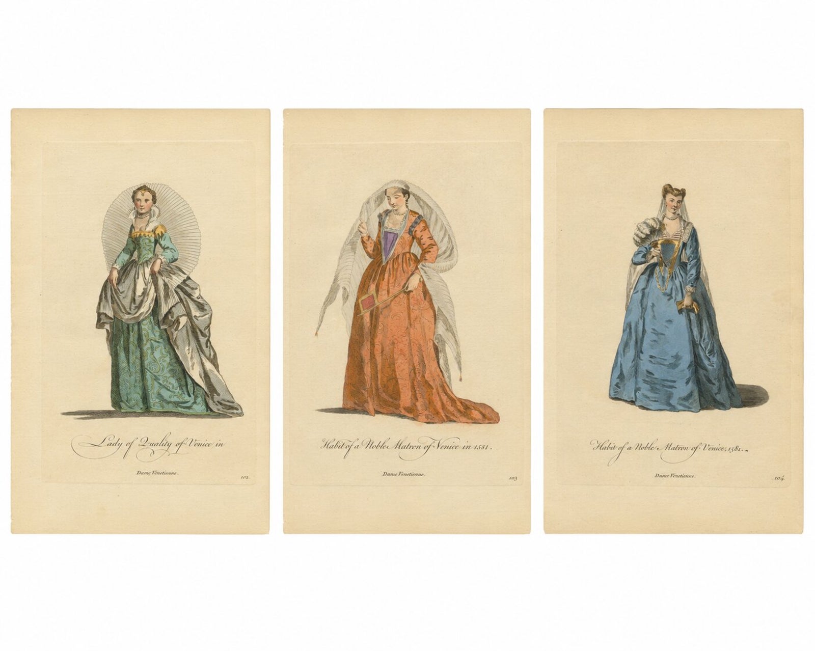 Venetian Noblewomen in Renaissance Dress, Hand-Colored Costume Prints, 1749