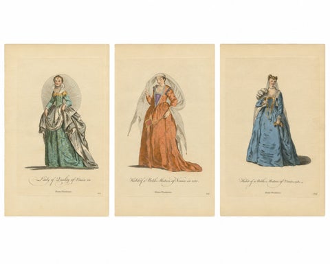 Venetian Noblewomen in Renaissance Dress, Hand-Colored Costume Prints, 1749