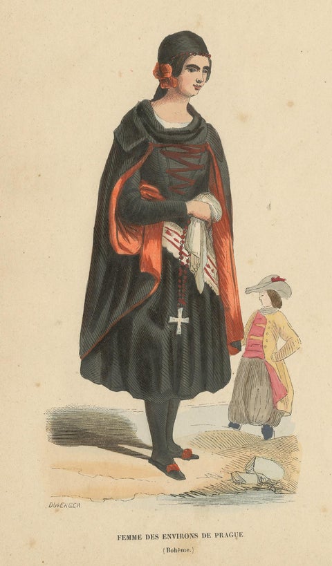 Antique Costume Print of Women in the Region of Prague by Wahlen, 1843, view 3