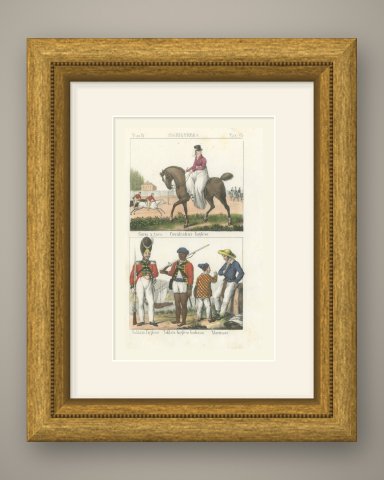 English Horsewoman, a Race, British and Indian Soldiers and Sailors, 1842, shown framed