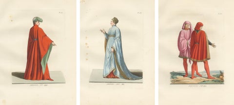 Medieval Costume Figures, 3 Elegant Hand-Colored Antique Prints, France 1845, view 5