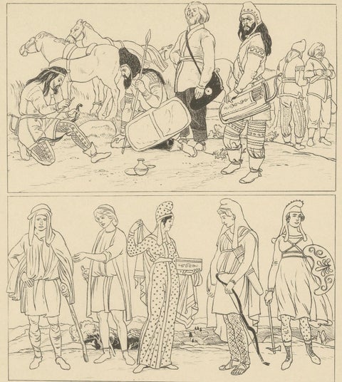 Ancient Scythians and Asia Minor Costumes, Antique Ethnographic Print, c.1905, close-up 2