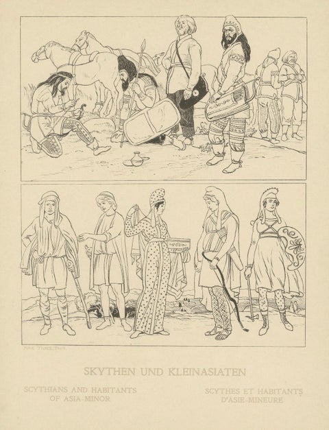 Ancient Scythians and Asia Minor Costumes, Antique Ethnographic Print, c.1905, close-up 1
