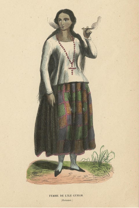 Antique Costume Print of a Woman of Guam by Wahlen, 1843, view 2