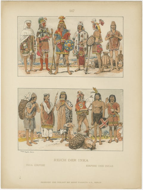 Inca Empire Costumes, Antique Lithograph of Inca Clothing, Max Tilke c.1880, view 2