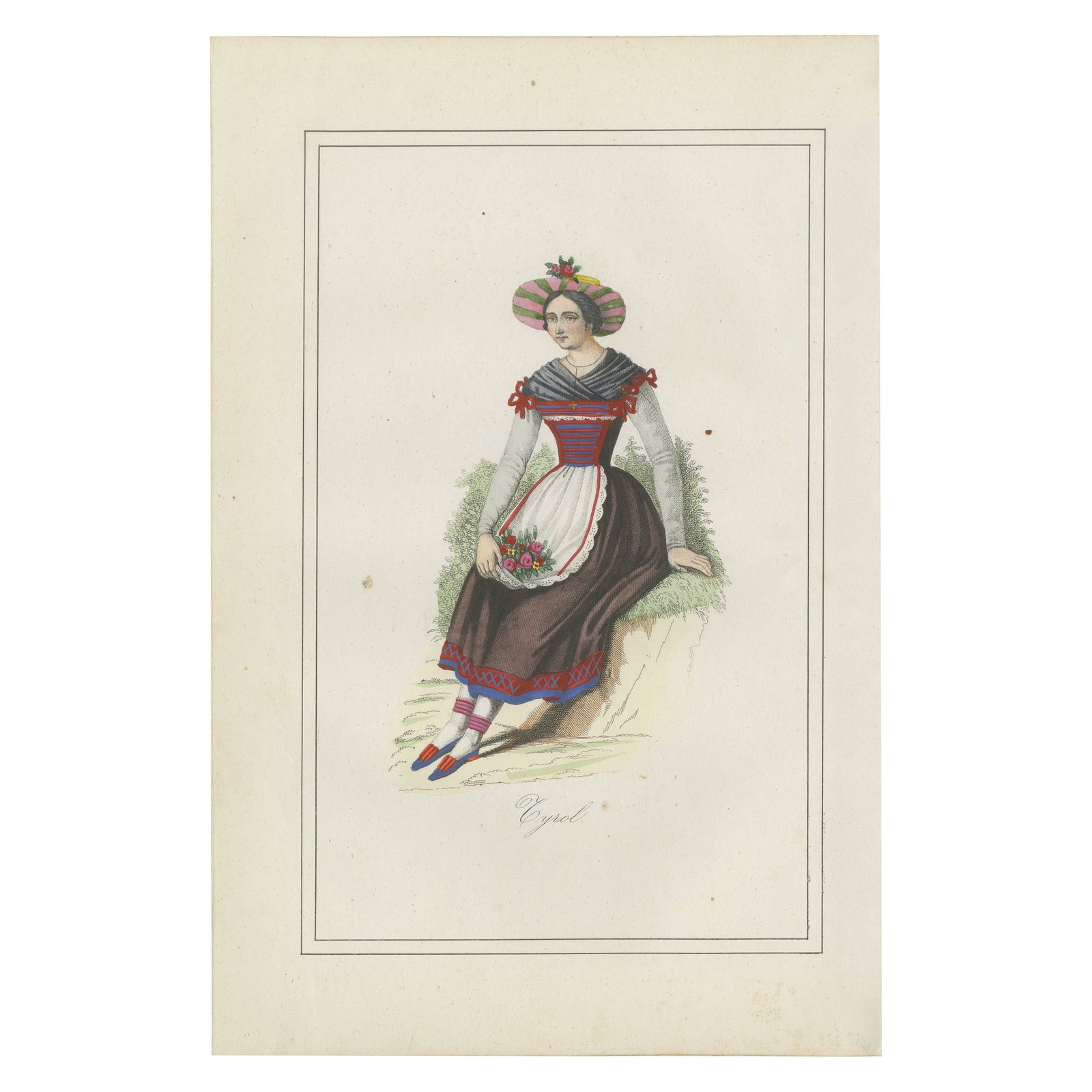 Tyrolean Woman Costume Print, Antique Hand-Colored Lithograph, 1854