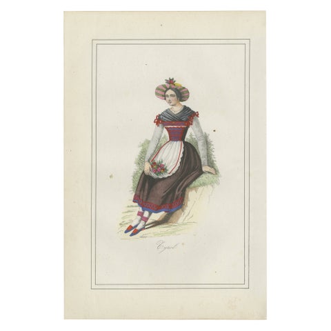Tyrolean Woman Costume Print, Antique Hand-Colored Lithograph, 1854