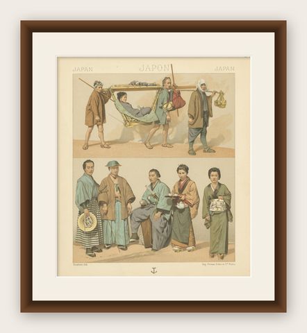 Antique Print of Japanese Costumes, 'circa 1880', shown framed