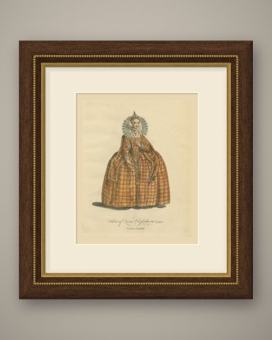 Habit of Queen Elizabeth in 1559, Hand Colored Jefferys Costume Plate, 1757, shown framed