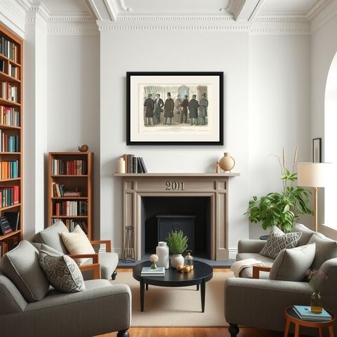 Nice Large Decorative Antique Fashion Print, 1860, shown framed in a room