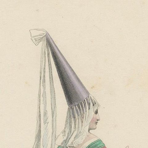 Antique French Costume Print of a Noble Lady in Medieval Attire, 19th Century, close-up 5