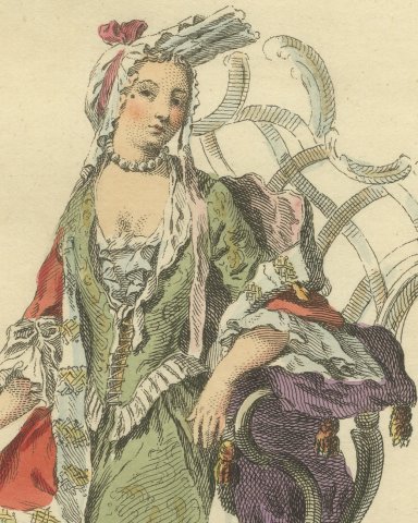 Duchess of Bouillon Seated in 1700, Hand Colored Jefferys Engraving, 1757, close-up 1