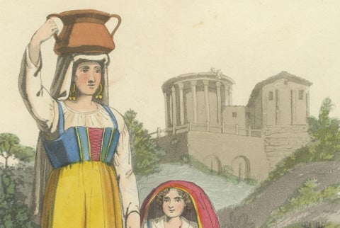 Tivoli Costumes & Temple of Vesta - 1819 Etching of Italian Heritage, close-up 2